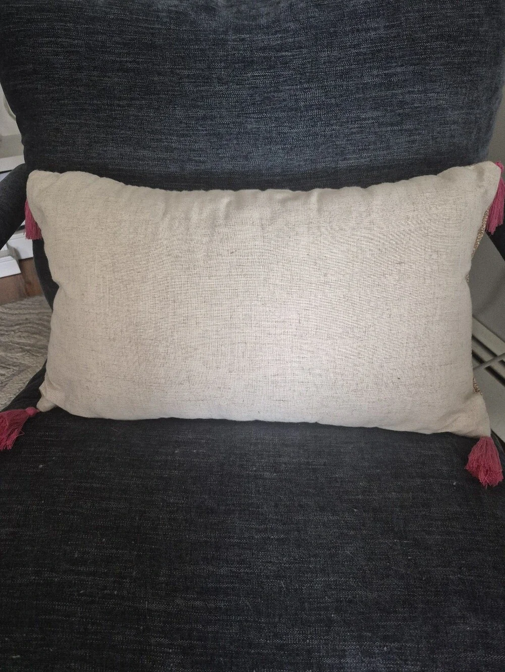 Decorative Beige Woven Lumbar Pillow with Pink Tassels